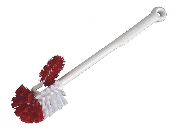 Under rim outlet toilet brush